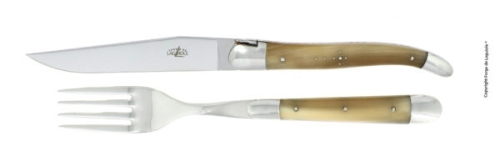 Kniv og gaffel, skaft af lyst horn, poleret, Tradition - Forge de Laguiole