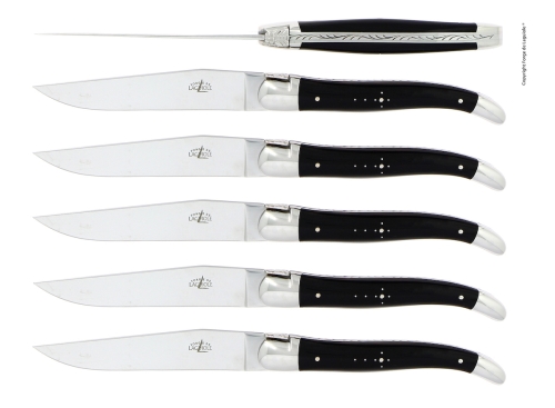 Seks knive, skaft i mørkt horn, poleret, Tradition - Forge de Laguiole