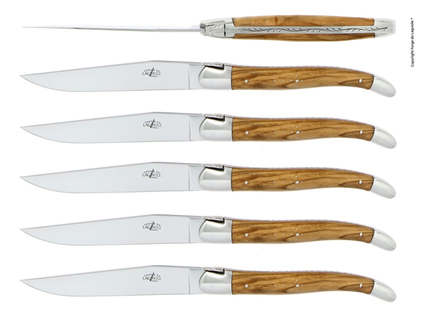 Sæt med 6 spiseknive, oliventræskaft - Forge de Laguiole