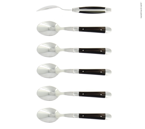 Seks dessertskeer, skaft i mørkt horn, poleret, Tradition - Forge de Laguiole