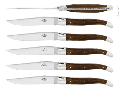 Seks knive, skaft af forstenet egebark, poleret, Tradition - Forge de Laguiole