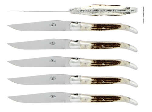 Seks knive, skaft af hjortetak, poleret, Tradition - Forge de Laguiole