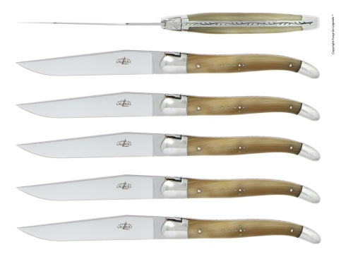 Seks knive, håndtag af lyst horn, poleret, Tradition - Forge de Laguiole