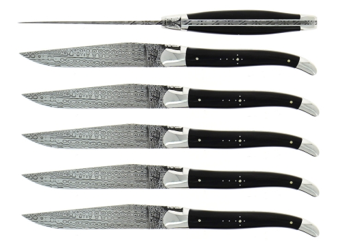 Seks knive, skaft af mørkt horn, damasceneret, Collection - Forge de Laguiole