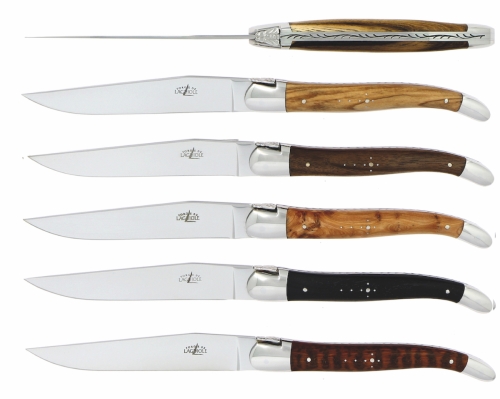 Seks knive, skafter af forskellige hårde træsorter, poleret, Tradition - Forge de Laguiole