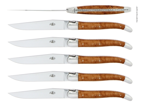 Seks knive, løvehåndtag i træ, poleret, Tradition - Forge de Laguiole