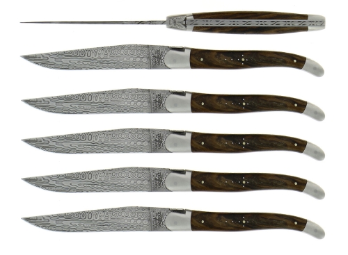Seks knive, skaft i valnød, mat damask, Collection - Forge de Laguiole