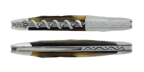Aubra sommelierkniv i horn, damasceneret med dekoration, Collection - Forge de Laguiole
