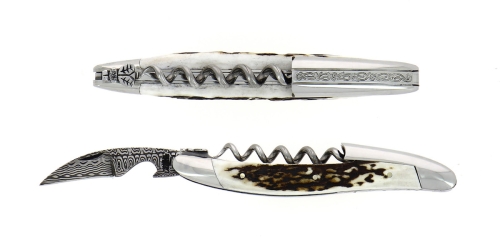 Sommelierkniv af hjortetak, damasceneret med dekoration, Collection - Forge de Laguiole