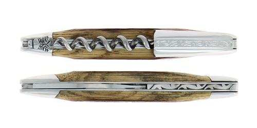 Sommelierkniv i træ fra egetræsfade, damask med dekoration, Collection - Forge de Laguiole