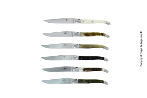 Seks knive, skafter af forskellige animalske materialer, polerede, Tradition - Forge de Laguiole