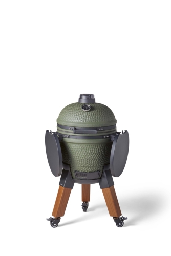 Kamado-grill inkl. benbeslag, aluminiumsben (træimitation) med hjul og sidebord - Moddern