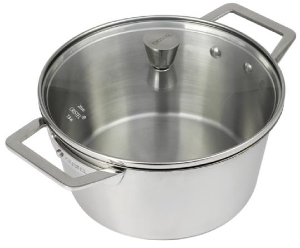 Gryde i rustfrit stål med to ører og glaslåg, 1826 - Cristel Gryde i rustfrit stål med to ører og glaslåg, 1826 - Cristel