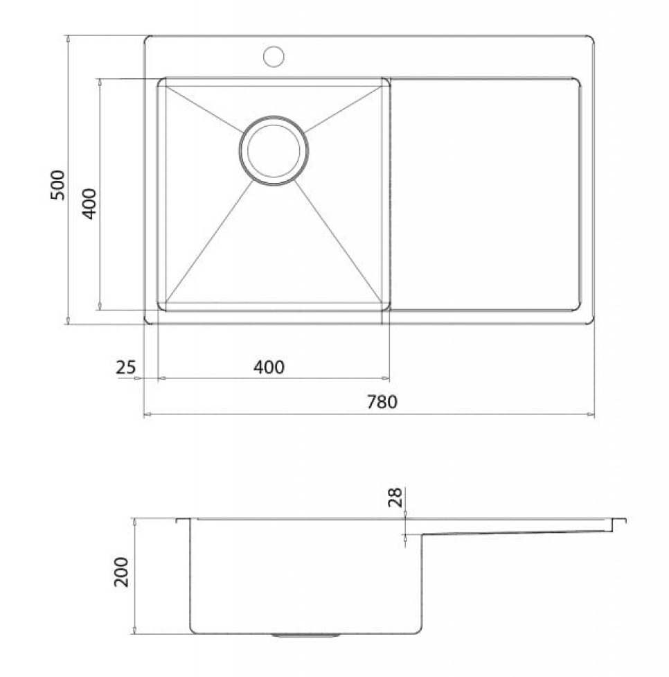 Rustfri vask 780 x 500 mm med hylde til højre Rustfri vask 780 x 500 mm med hylde til højre