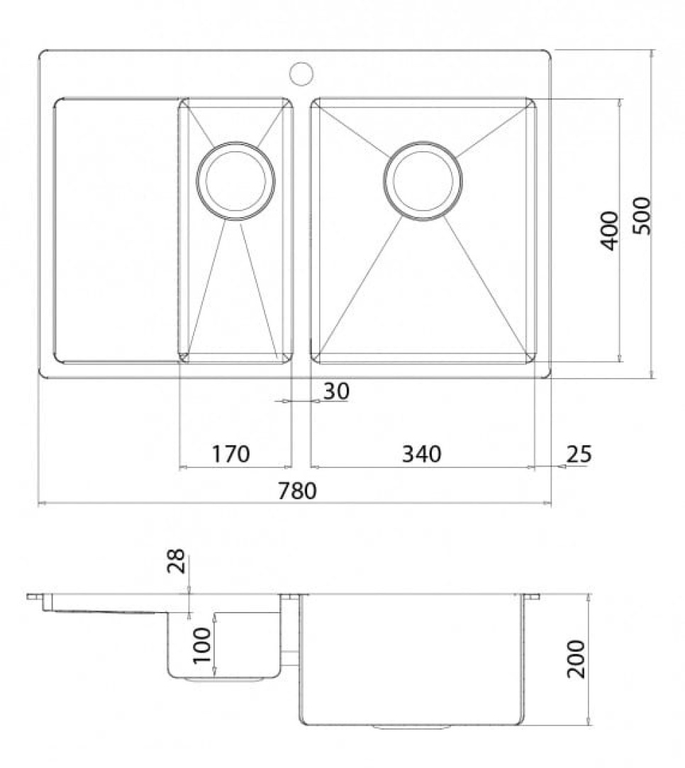Dobbelt vask i rustfrit stål 780 x 500 mm med hylde til venstre Dobbelt vask i rustfrit stål 780 x 500 mm med hylde til venstre