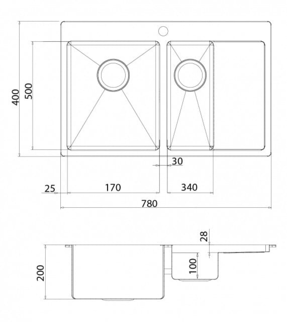 Dobbelt vask i rustfrit stål 780 x 500 mm med hylde til højre Dobbelt vask i rustfrit stål 780 x 500 mm med hylde til højre