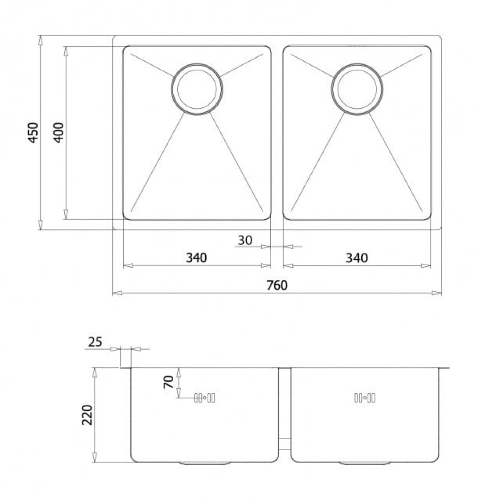 Dobbelt vask i rustfrit stål 760 x 450 mm Dobbelt vask i rustfrit stål 760 x 450 mm