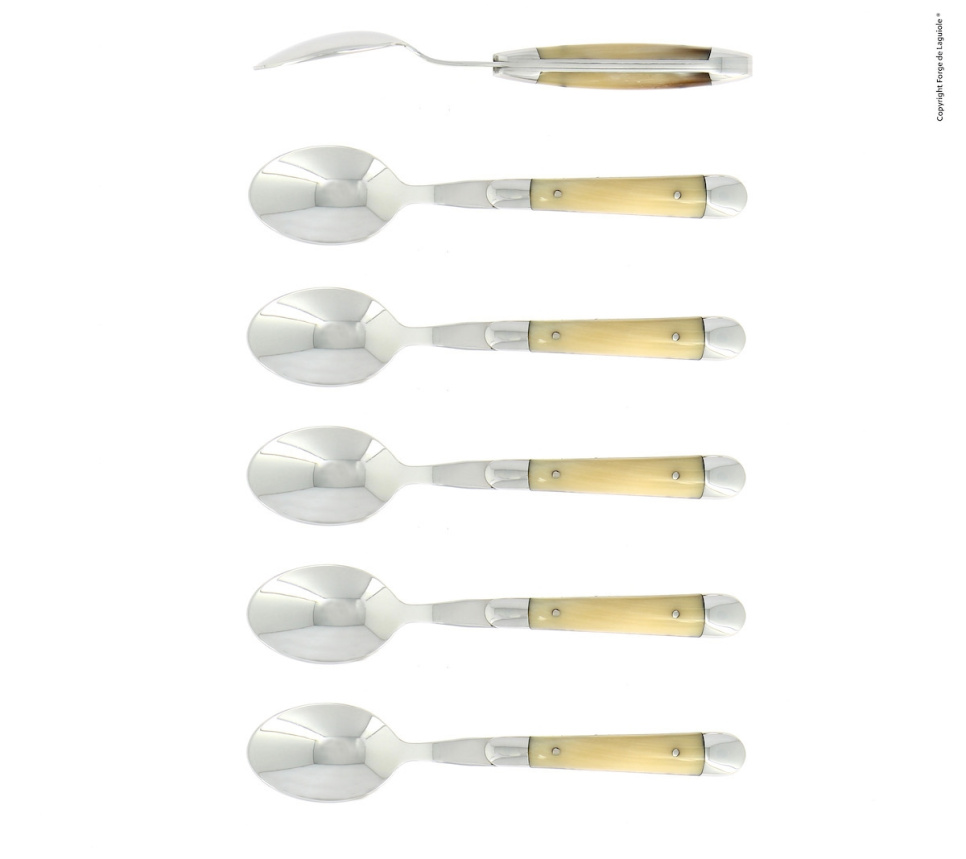Seks dessertskeer, håndtag af lyst horn, poleret, Tradition - Forge de Laguiole i gruppen Borddækning / Bestik / skeer hos The Kitchen Lab (1446-32905)
