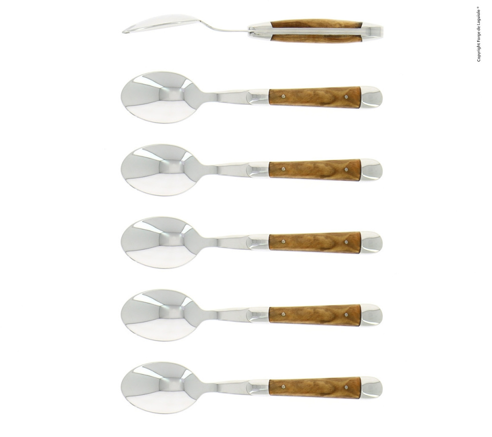 Seks dessertskeer, håndtag af oliventræ, poleret, Tradition - Forge de Laguiole i gruppen Borddækning / Bestik / skeer hos The Kitchen Lab (1446-32907)