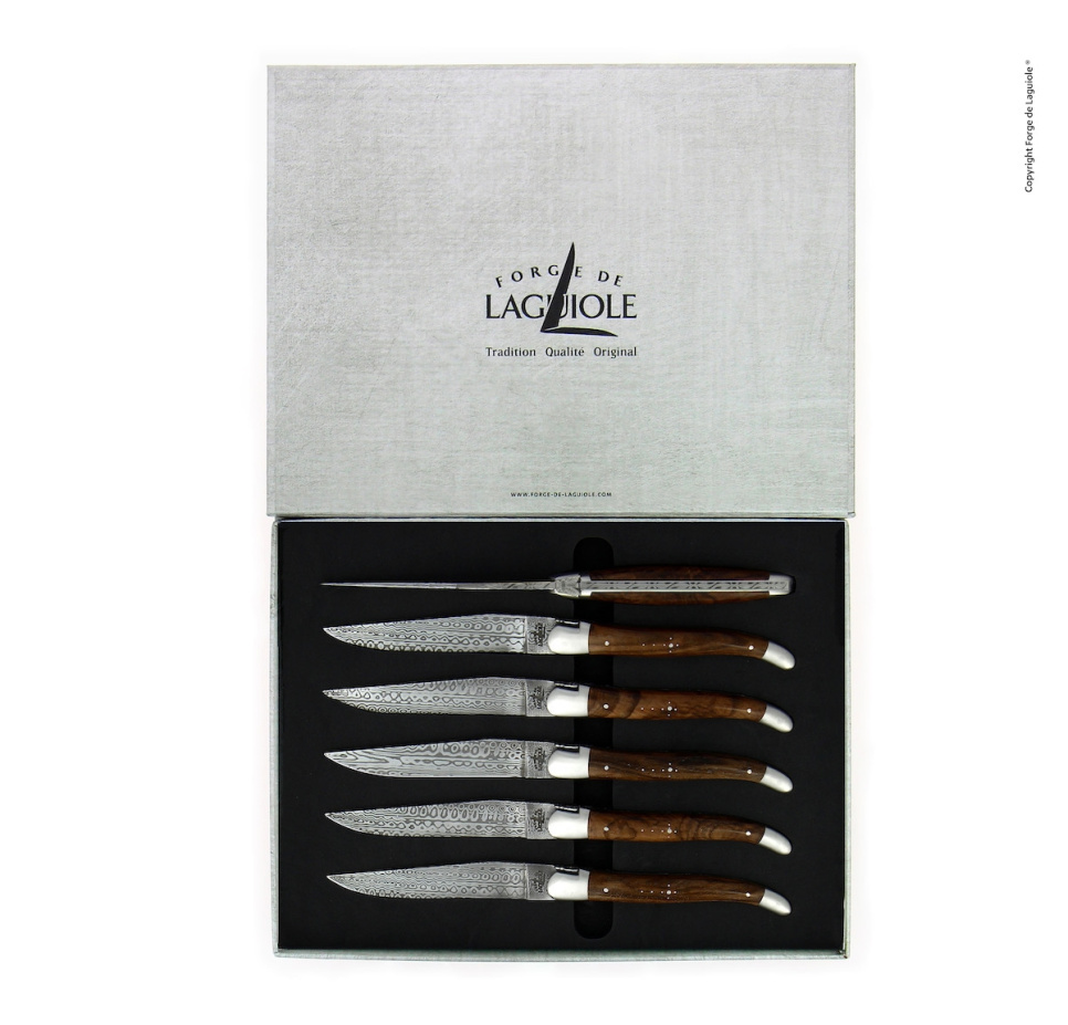 Seks knive, skaft i valnød, mat damask, Collection - Forge de Laguiole