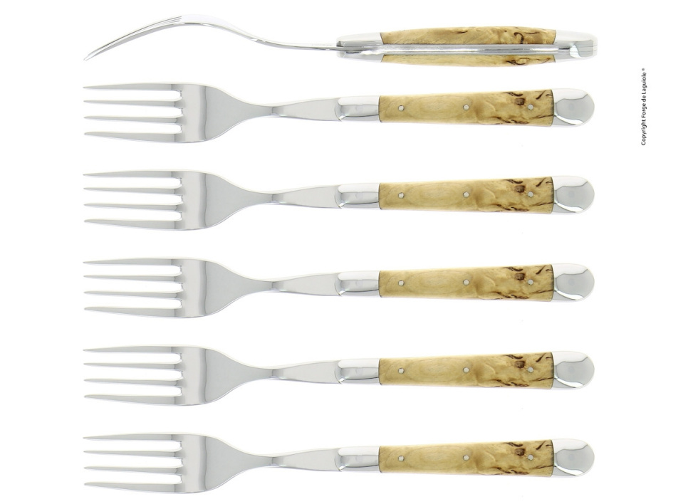 Seks gafler, birkehåndtag, poleret, Tradition - Forge de Laguiole i gruppen Borddækning / Bestik / Gafler hos The Kitchen Lab (1446-32923)