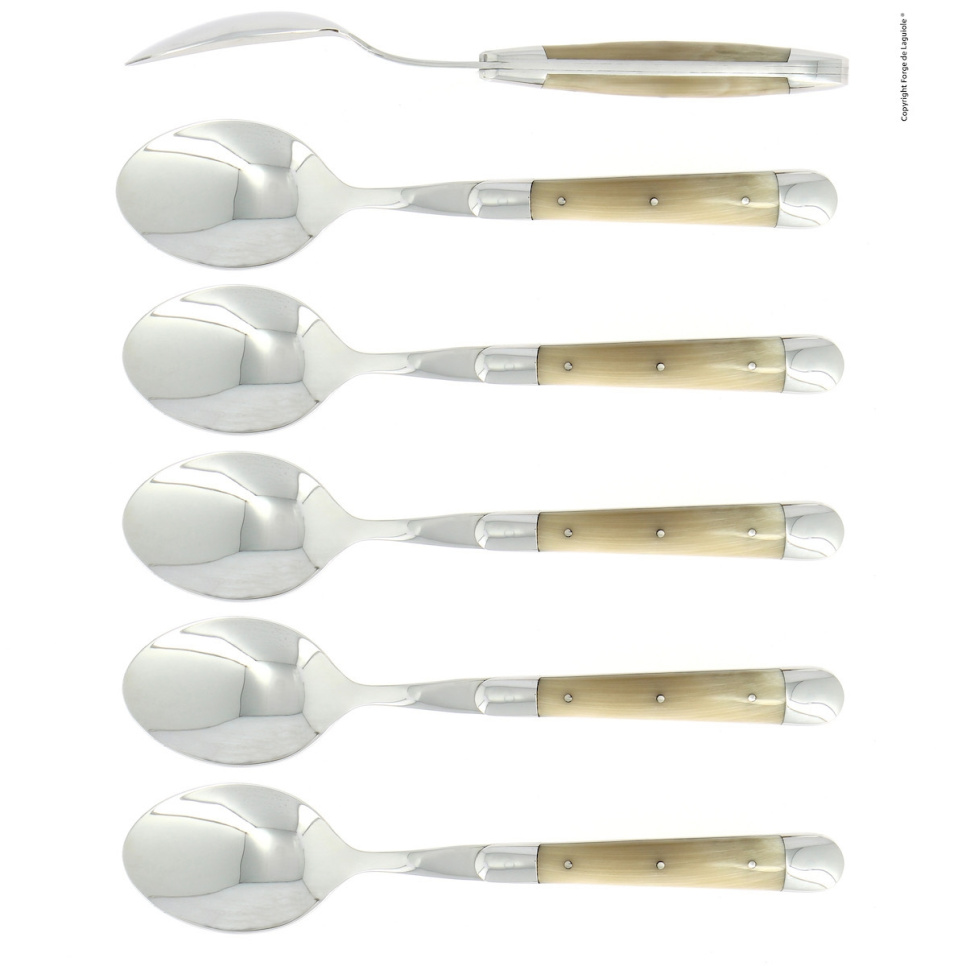 Seks skeer, håndtag af lyst horn, poleret, Tradition - Forge de Laguiole i gruppen Borddækning / Bestik / skeer hos The Kitchen Lab (1446-32940)