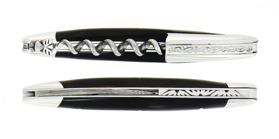 Sommelierkniv i mørkt horn, damasceneret med dekoration, Collection - Forge de Laguiole