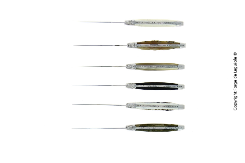 Seks knive, skafter af forskellige animalske materialer, polerede, Tradition - Forge de Laguiole