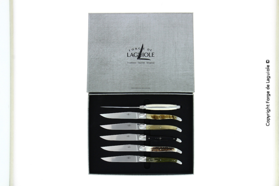 Seks knive, skafter af forskellige animalske materialer, polerede, Tradition - Forge de Laguiole
