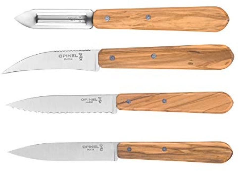 Knivsæt i fire dele, Oliventræ, Essentials - Opinel i gruppen Madlavning / Køkkenknive / Kniv-sæt hos The Kitchen Lab (1861-22655)