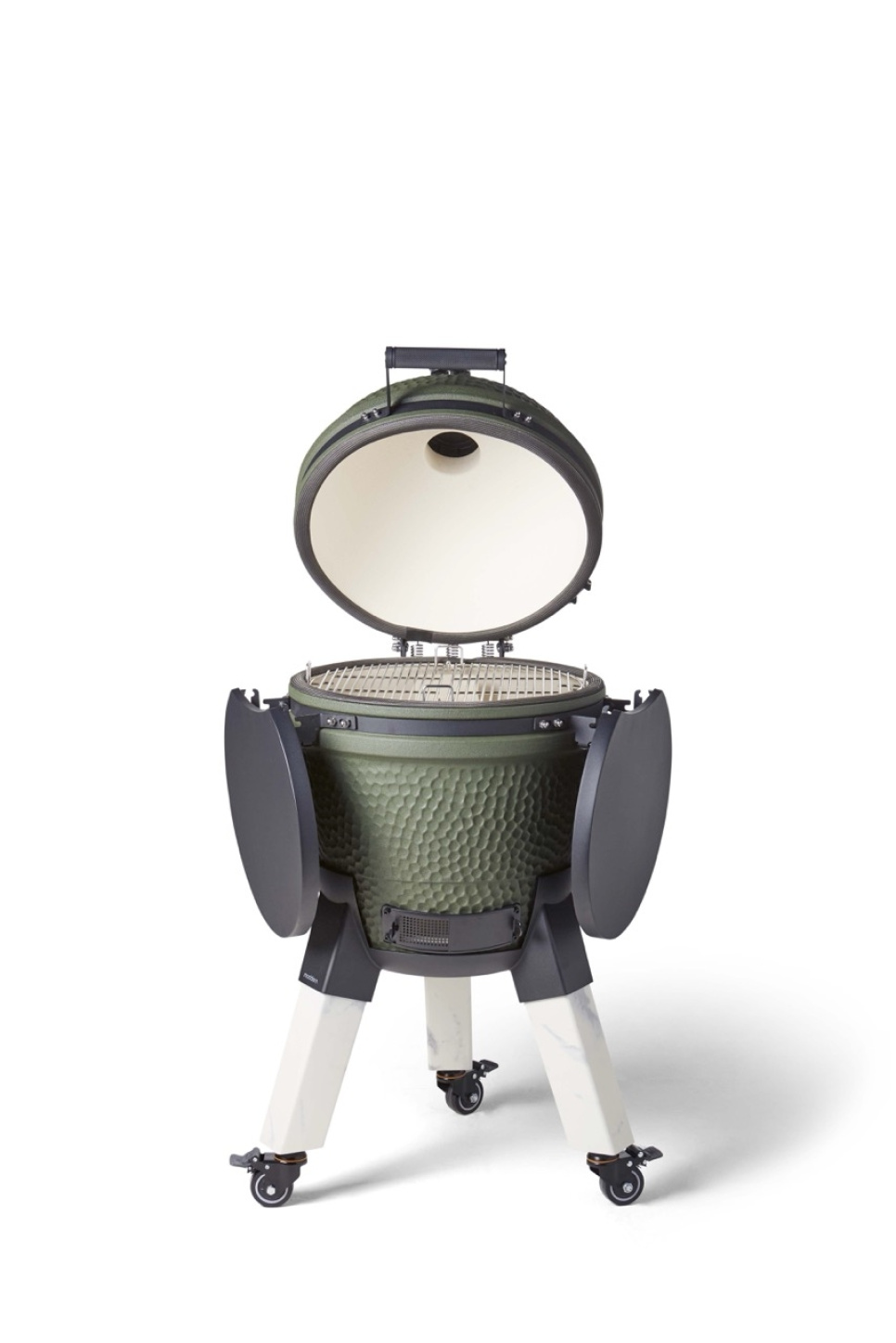 Kamado-grill inkl. benbeslag, aluminiumsben (marmorimitation) med hjul og sidebord - Moddern