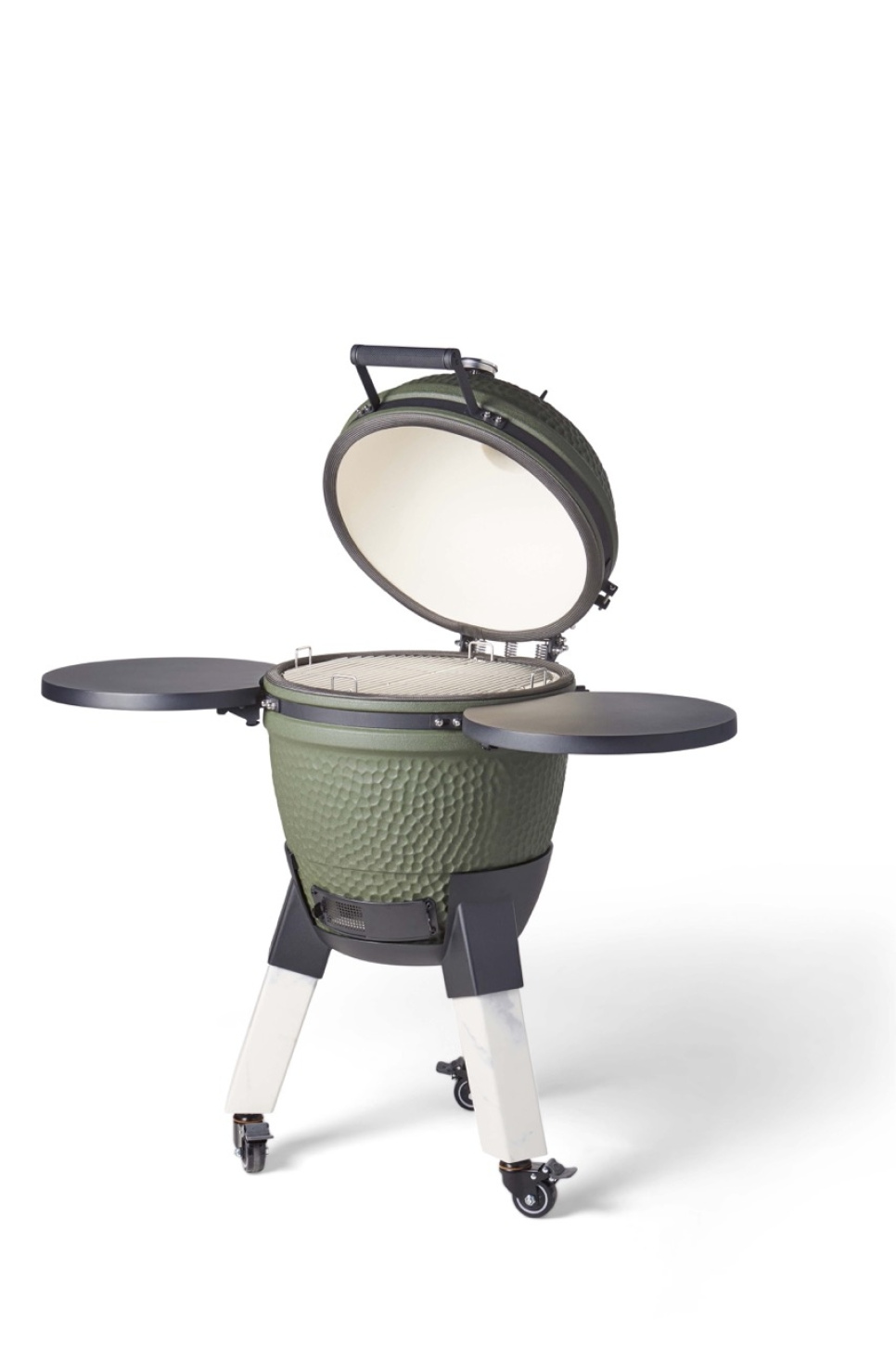 Kamado-grill inkl. benbeslag, aluminiumsben (marmorimitation) med hjul og sidebord - Moddern